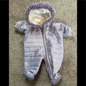 American Girl purple snowsuit with fuzzy trim hood and snowflake embroidery